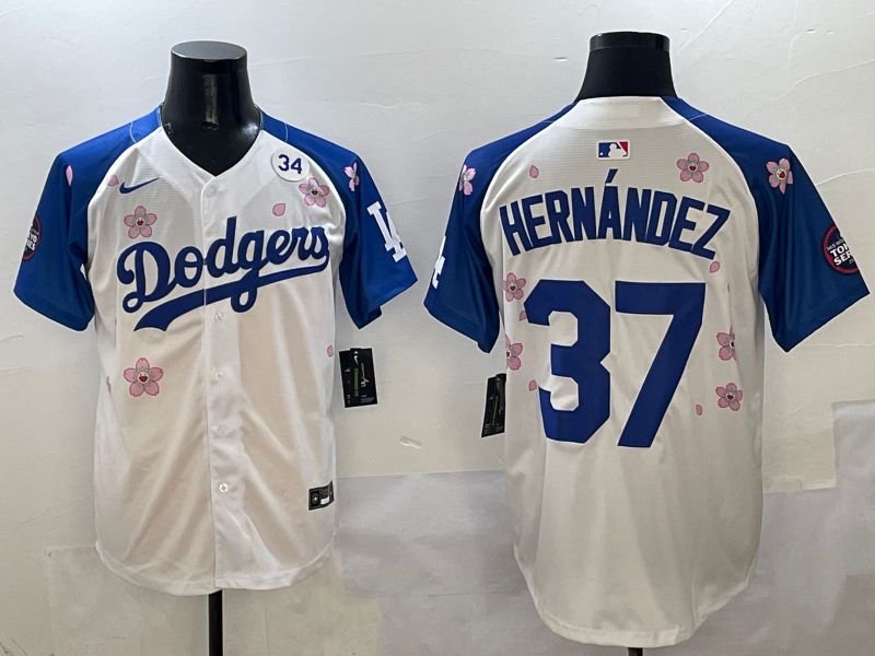 Men Los Angeles Dodgers #37 Hernandez White Blue Sakura Edition 2025 Nike MLB Jersey style 7